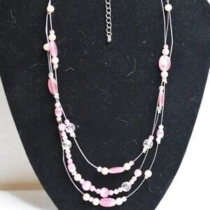 Floating Fantasy Pink Cat Eye Beaded Triple Layer Silver Tone Wire Chic Necklace